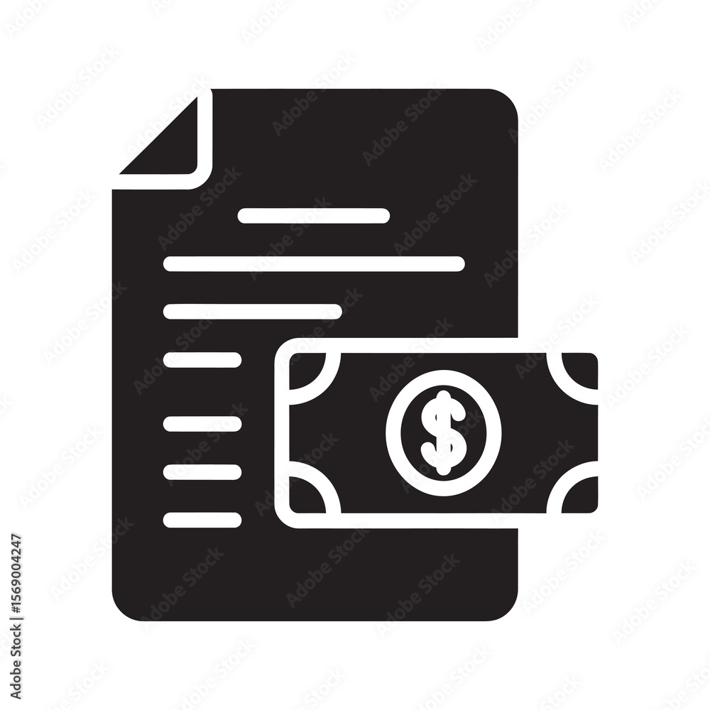 Poster payment document icon with paper sheet and dollar bill representing business invoice financial trans
