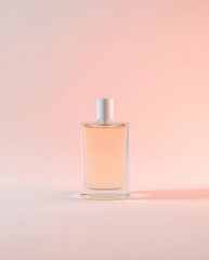 Elegant glass perfume bottle against a soft pink gradient backdrop