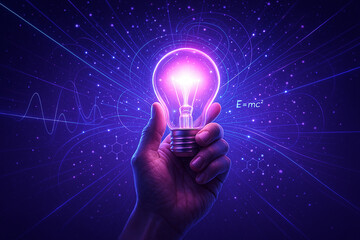 Hand holding glowing lightbulb with scientific formulas and abstract energy bright