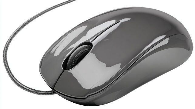 Glossy gray computer mouse with cord, buttons and scroll wheel on a white background