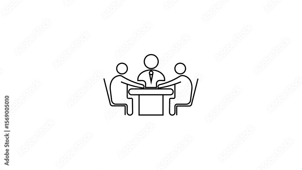 Poster minimalist line drawing depicting a meeting or interview with three individuals. business meeting an