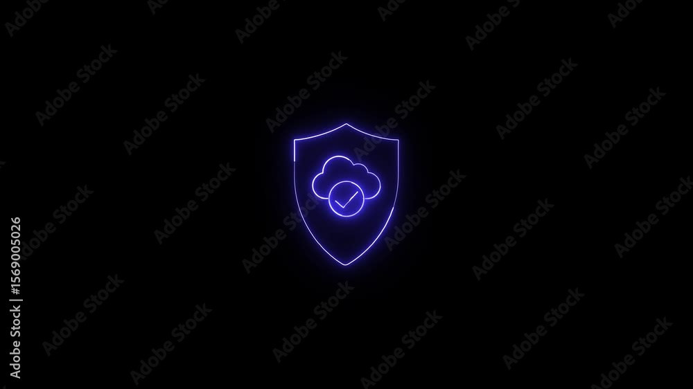 Poster neon glowing cloud data protection and security shield symbol. neon cloud security animation with sh