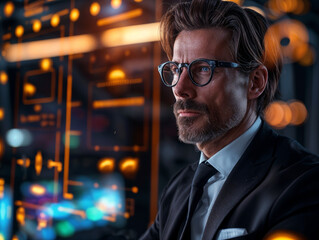 ramatic shot of a businessman embodying success strategies, showcasing business innovation and strategic planning through a modern digital interface that inspires growth.