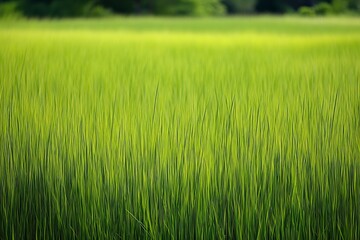 Obraz premium Fresh green rice field in early summer with vibrant lush grass under soft sunlight, symbolizing growth and natural serenity