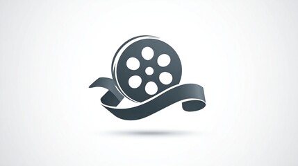 Emblem of a movie film reel set on a flowing ribbon against a white background