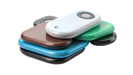 A stack of colorful keychains, isolated on transparent background, showcasing various shapes and designs in a modern, minimalist style