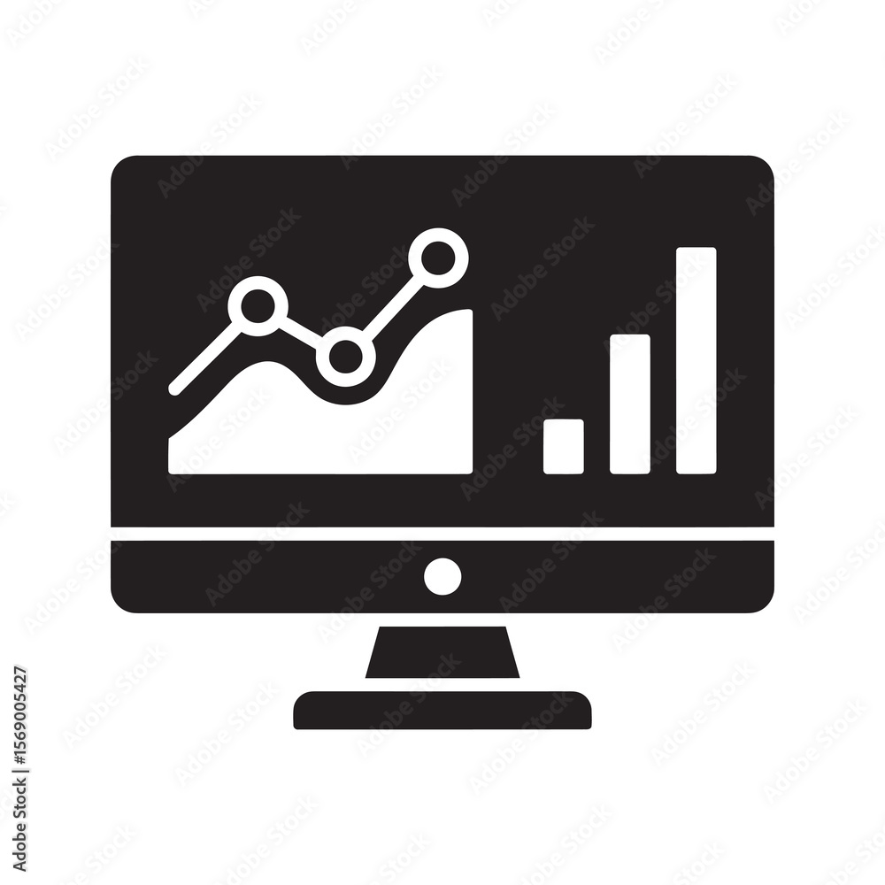 Poster online analytics dashboard on computer monitor showing business intelligence data for financial moni