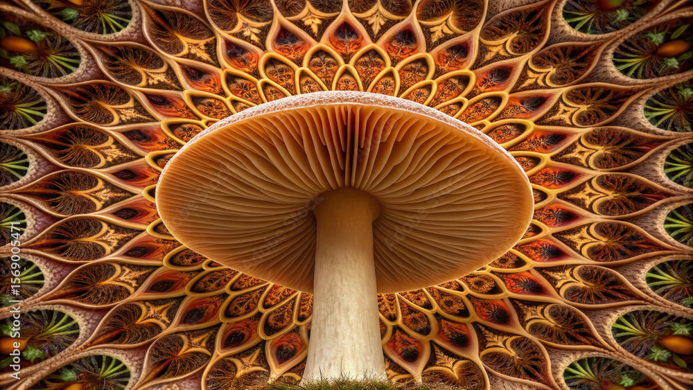 Aufkleber psilocybin concept ,giant mushroom with fractal pattern background creating surreal and vibrant natu
