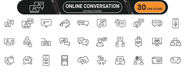 Online conversation line icon set. Containing chat, video call, message, discussion, group, interaction, emoji, comment and more. Editable stroke. Vector illustration.