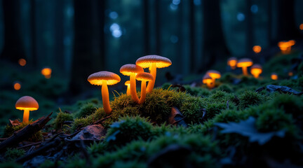 Fototapeta premium Psilocybin concept ,Glowing fungi illuminating dark forest floor with moss and leaves creating magical atmosphere at night