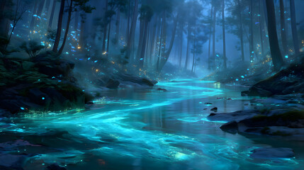 Bioluminescent cyan river flowing through surreal glowing jungle