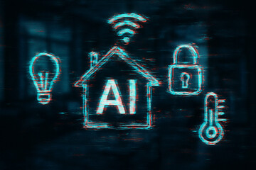 Holographic smart home icons glowing cyan and red artificial intelligence technology