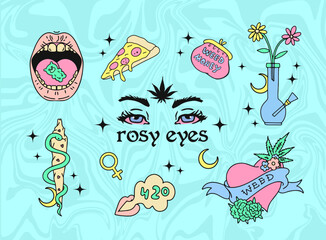marijuana symbols for girls: rosу eyes, bonk, joint, weed, 420, gummy bears