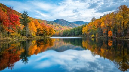 Fototapeta premium Autumn colors reflected in a tranquil lake.