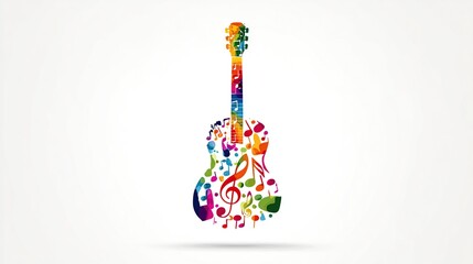 A vibrant acoustic stringed instrument crafted from colorful musical notes, on a clean white background