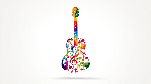 A vibrant acoustic stringed instrument crafted from colorful musical notes, on a clean white background