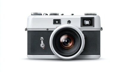Classic camera with a white top and dark grey bottom, lens, viewfinder, dials and controls
