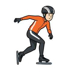 Young man ice skating in orange outfit with helmet on ice rink  