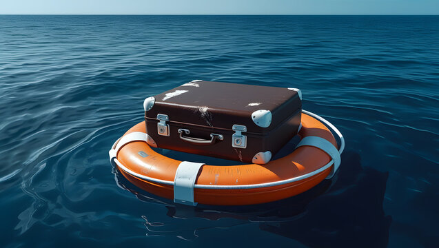 Life buoy hanging on boat floating on the sea