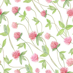 Seamless Watercolor Pattern with Pink Clover Wildflowers and Green Leaves for Fabric Design Packaging Scrapbooking Stationery and Textile Prints