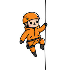Cartoon character climbing rope in orange climbing gear  