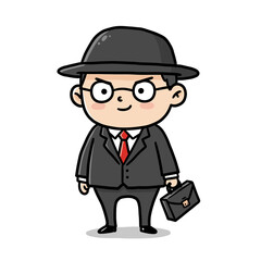 Obraz premium Cartoon businessman standing with briefcase and hat in formal attire 