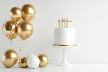 Modern clean 3D layout with white stand and luxury gold birthday props