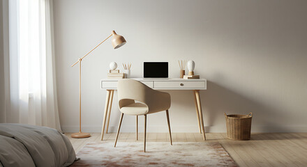 Modern Beige Upholstered Desk Chair with Cutout Detail.