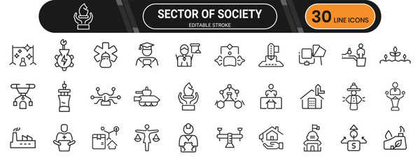 Sector of society line icon set. Containing education, healthcare, politics, environment, economy, media, family, religion and more. Editable stroke. Vector illustration.
