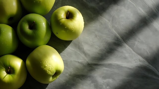  Glossy green apples with water droplets artfully arranged on gray stone, Green apples with dew drops, created with generative ai - Powered by Adobe