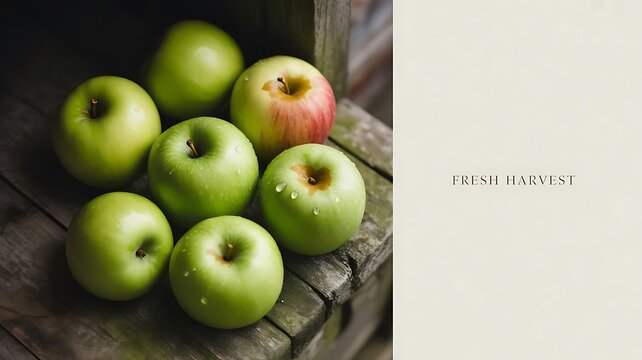  Glossy green apples with water droplets artfully arranged on gray stone, Green apples with dew drops, created with generative ai