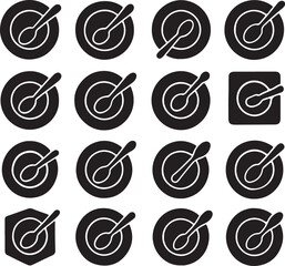 A set of 20 black vector silhouettes showing plates with spoons placed in different styles. Ideal for restaurant, kitchen, food service, or utensil-related design projects.
