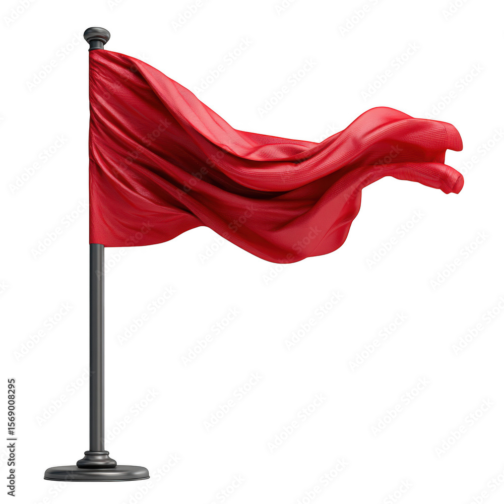 Poster waving red flag on a pole isolated on transparent background
