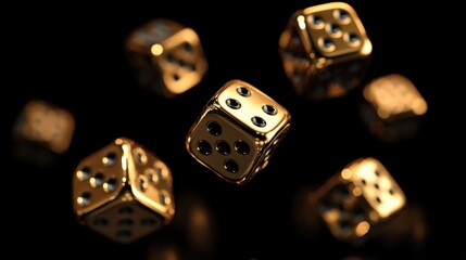 Shiny gold dice with black dots floating in dark space showing luxury game concept and chance in motion