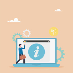 Customer support, useful information, guides, frequently asked questions. Information center online. Information symbol in phone app and laptop website. Vector illustration.	