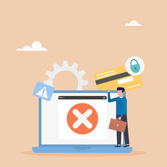 Online transaction cancelled. Payment error. NFC cashless payment failed. Try again. Website with cross check mark. Vector illustration.	