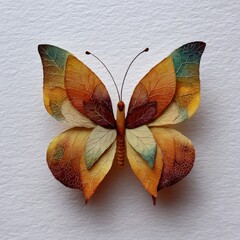 Colorful butterfly made of autumn leaves on white background showing natural texture and creative design