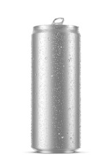 Aluminum beverage sleek can 330ml with water droplets isolated. 3D rendering illustration. Transparent PNG image.