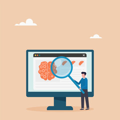 Neuroscience and brain research concept. The human brain and psychology. A character examines a head tomography scan on the screen. Vector illustration.	
