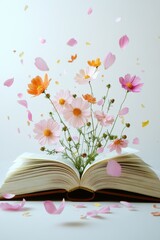 Open book with blooming pink flowers and falling petals on white background symbolizing imagination and spring