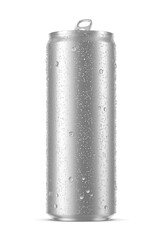 Chilled sleek drink can 355ml with water droplets isolated. 3D rendering illustration. Transparent PNG image.