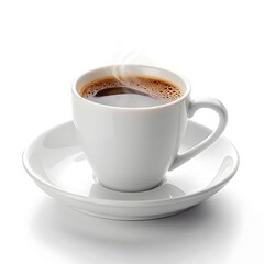 A single white cup of coffee with steam sitting on a matching white saucer on a white background