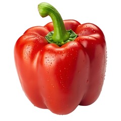 Close up of a fresh red bell pepper with a green stem and water droplets on a white background