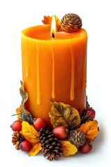 Burning orange candle with autumn leaves, cones and berries for cozy seasonal decoration on white background
