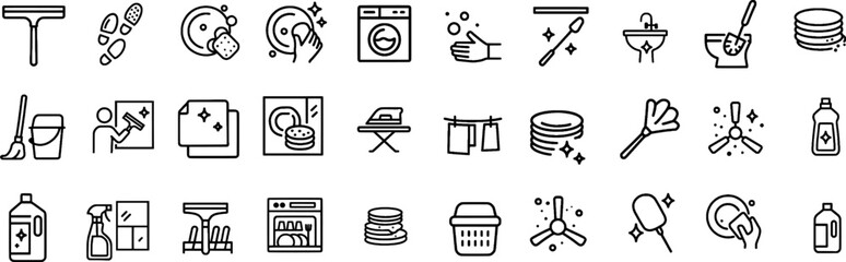 Cleaning and Housekeeping Icon Collection Containing Cleaning Supplies, Tools, and Equipment. Editable Stroke Icon Collection Outline Icon.
