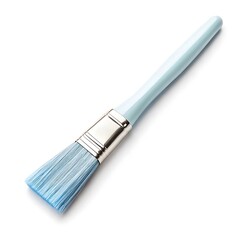 A light blue paint brush with silver ferrule and blue bristles on a white surface in a studio shot