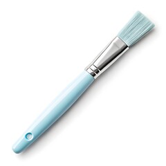 A light blue paint brush with silver metal and light blue bristles on a white background flat lay view