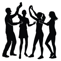 Fototapeta premium Silhouette of People Dancing and Having Fun Together Energetically Raising their Hands in the Air in Celebration