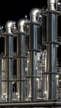 Illuminated industrial pipes and structures at night showcase modern engineering and design, creating striking visuals in manufacturing facility. Vertical video
