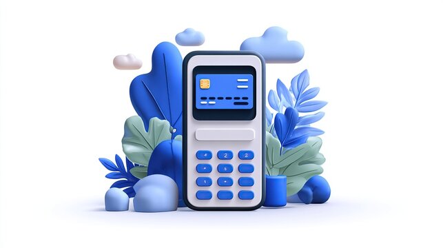 Stylized payment terminal with a card in its display, surrounded by abstract plants